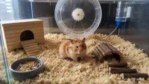 A spacious beginner-friendly hamster enclosure with deep paper bedding, a solid wheel, wooden hideouts, and safe enrichment.