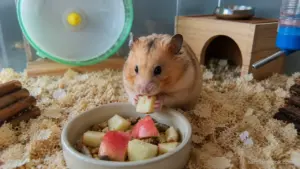 Healthy Syrian hamster eating a small fresh apple slice inside a spacious enclosure