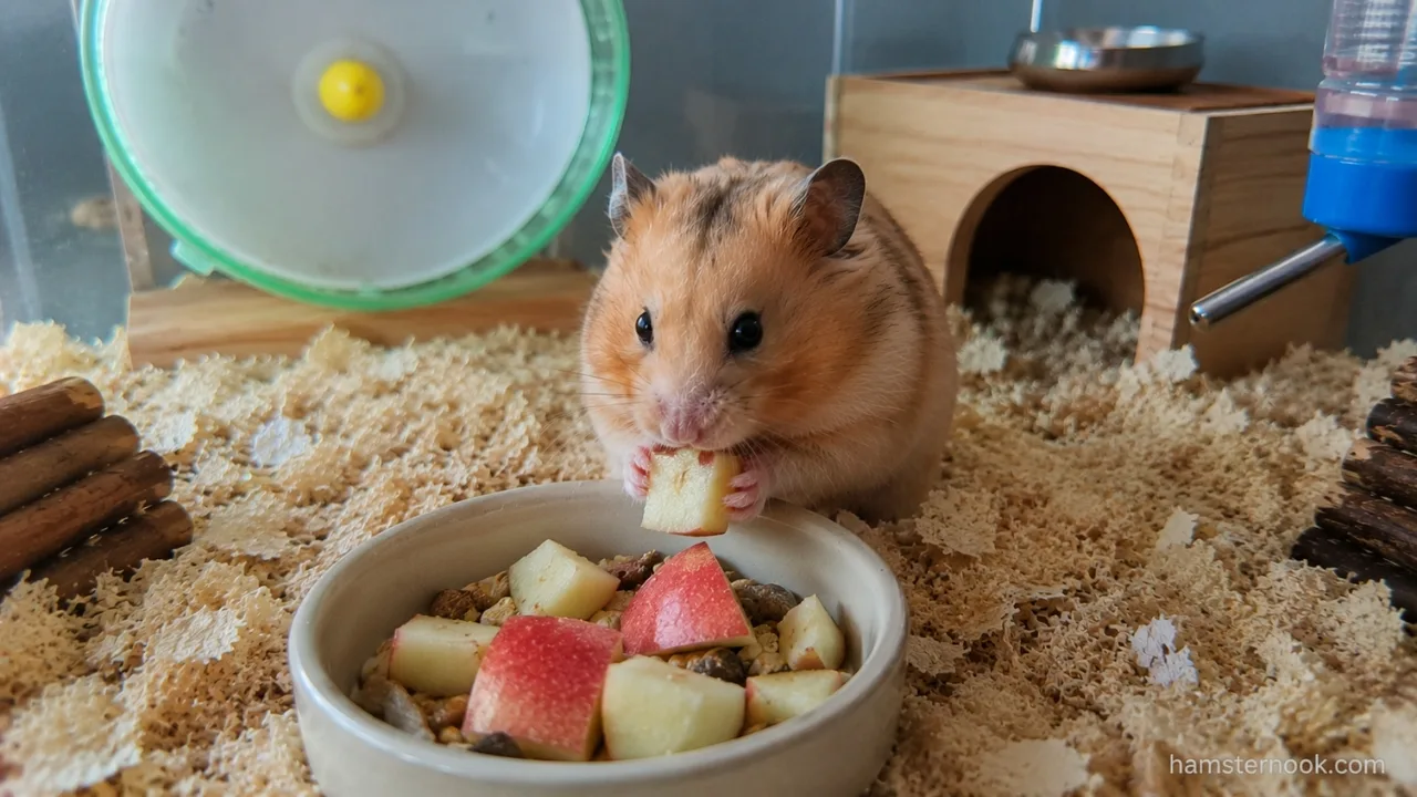 Healthy Syrian hamster eating a small fresh apple slice inside a spacious enclosure