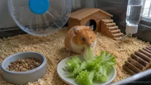 Syrian hamster eating a small piece of fresh romaine lettuce in a natural enclosure.