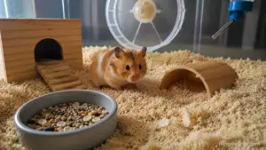 A healthy Syrian hamster inside a spacious enclosure with deep bedding, a solid wheel, and proper enrichment.