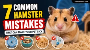 Cute hamster sitting near unsafe and safe hamster care items