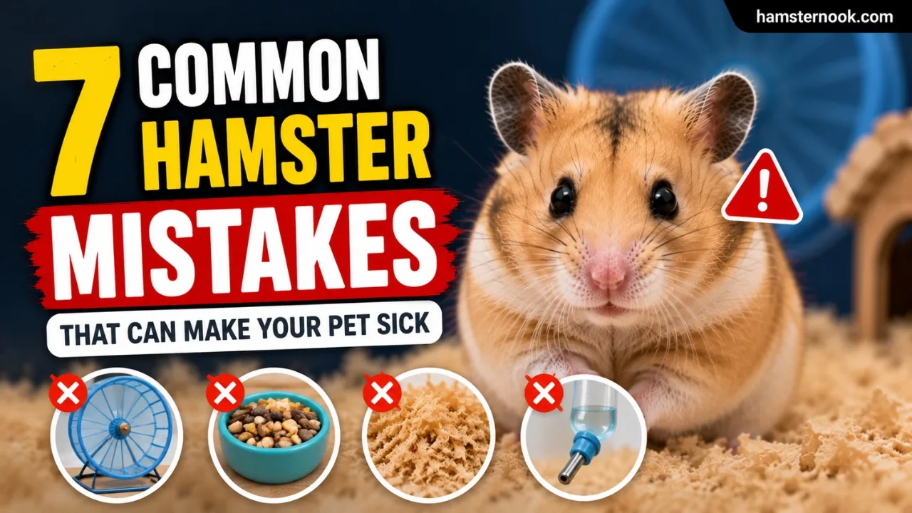 Cute hamster sitting near unsafe and safe hamster care items