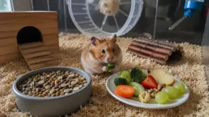 A Syrian hamster beside a balanced selection of safe vegetables, grains, seeds, and protein treats inside a natural enclosure.
