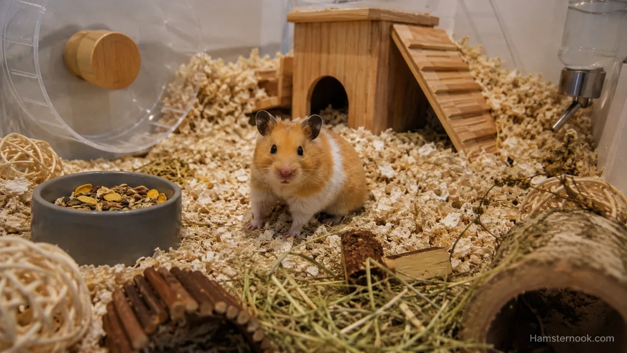 A healthy Syrian hamster exploring a spacious enclosure with deep bedding and enrichment while living alone.