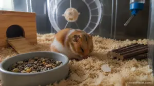 A healthy-looking Syrian hamster sitting quietly near its hideout while showing subtle changes in posture inside a natural enclosure.
