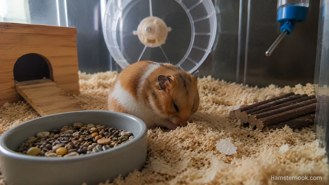 A healthy-looking Syrian hamster sitting quietly near its hideout while showing subtle changes in posture inside a natural enclosure.
