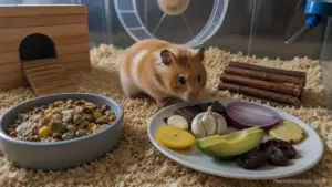 A Syrian hamster near safe vegetables while unsafe foods such as chocolate and onions are kept away from the enclosure.