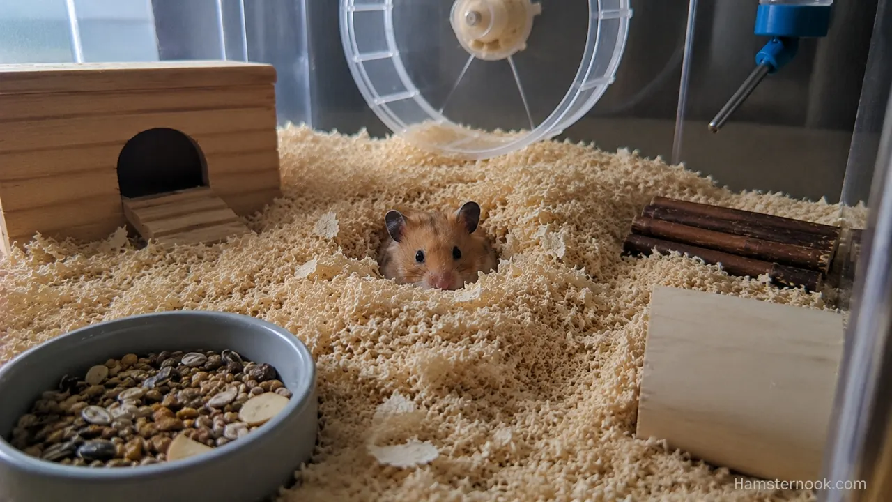 A Syrian hamster digging through deep paper bedding inside a spacious natural enclosure.