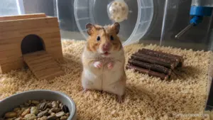 A healthy Syrian hamster showing a relaxed posture while exploring a natural enclosure.