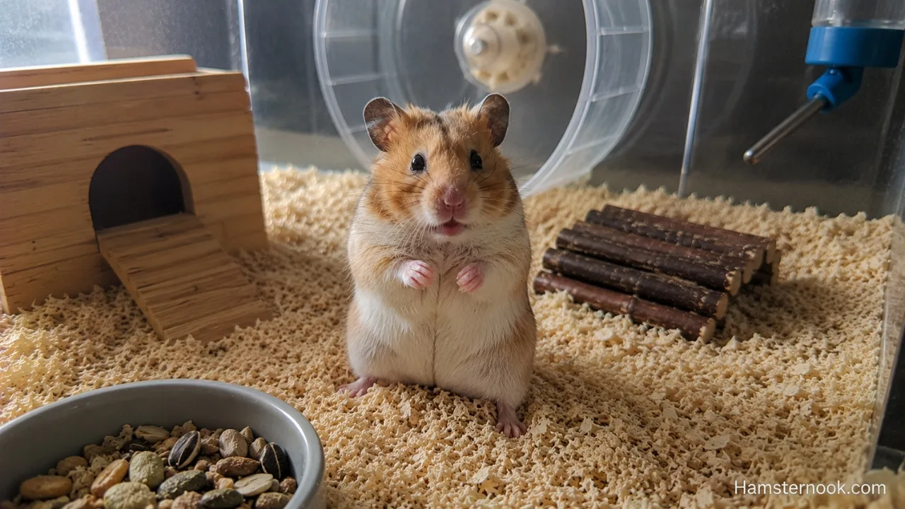 A healthy Syrian hamster showing a relaxed posture while exploring a natural enclosure.