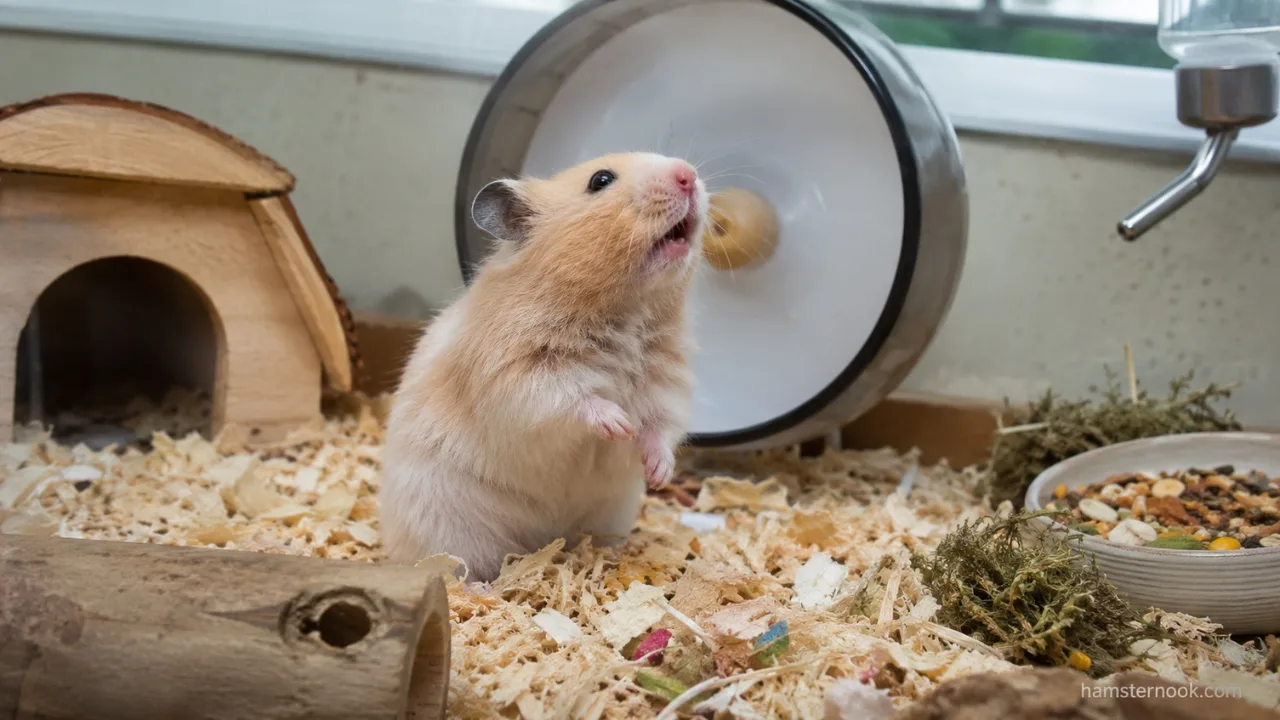 A pet hamster showing rapid breathing while resting inside a clean cage