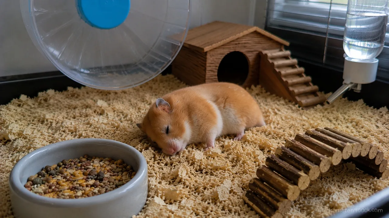 Senior Syrian hamster resting quietly in clean bedding while showing signs of illness in a calm home environment