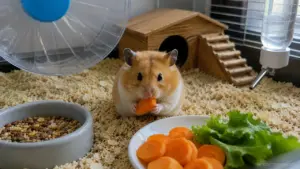 Syrian hamster eating a thin slice of fresh raw carrot beside hamster pellets and safe vegetables