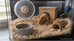 A Syrian hamster exploring tunnels and enrichment items inside a well-organized enclosure.