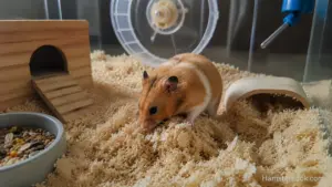 A Syrian hamster moving bedding and nesting material inside a natural enclosure with deep substrate and wooden hideouts.