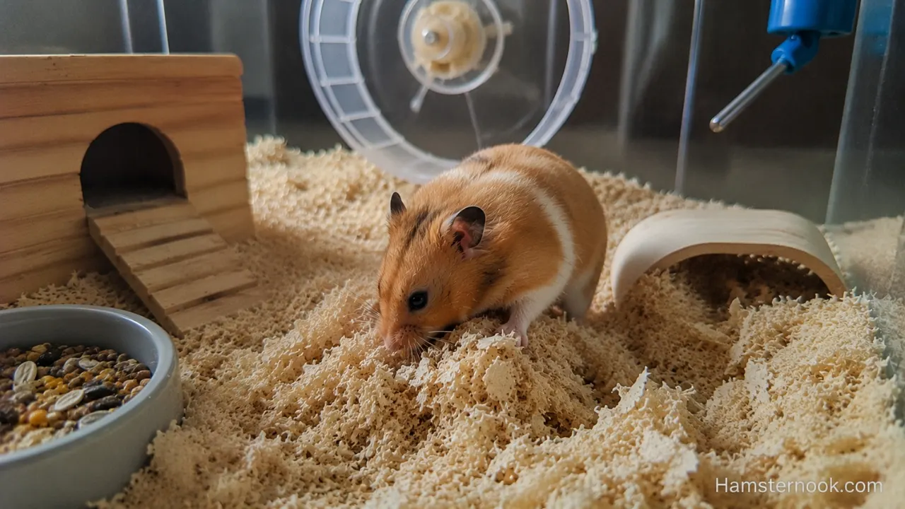 A Syrian hamster moving bedding and nesting material inside a natural enclosure with deep substrate and wooden hideouts.