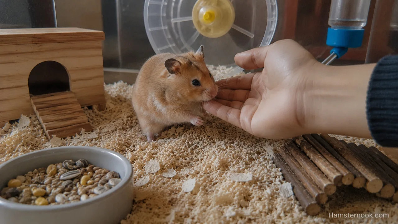Syrian hamster calmly taking a treat from its owner's hand during trust-building