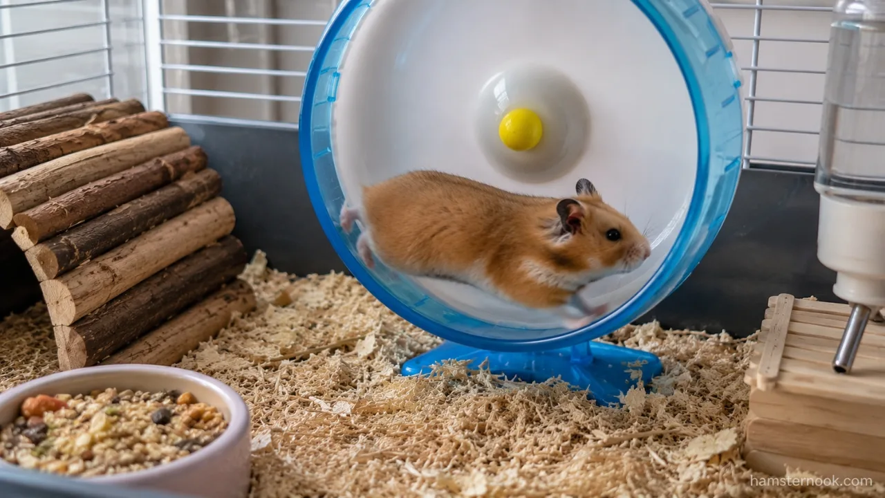 Syrian hamster running on a properly sized exercise wheel inside a spacious enclosure