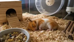 Syrian hamster sleeping peacefully in a natural curled position inside deep bedding