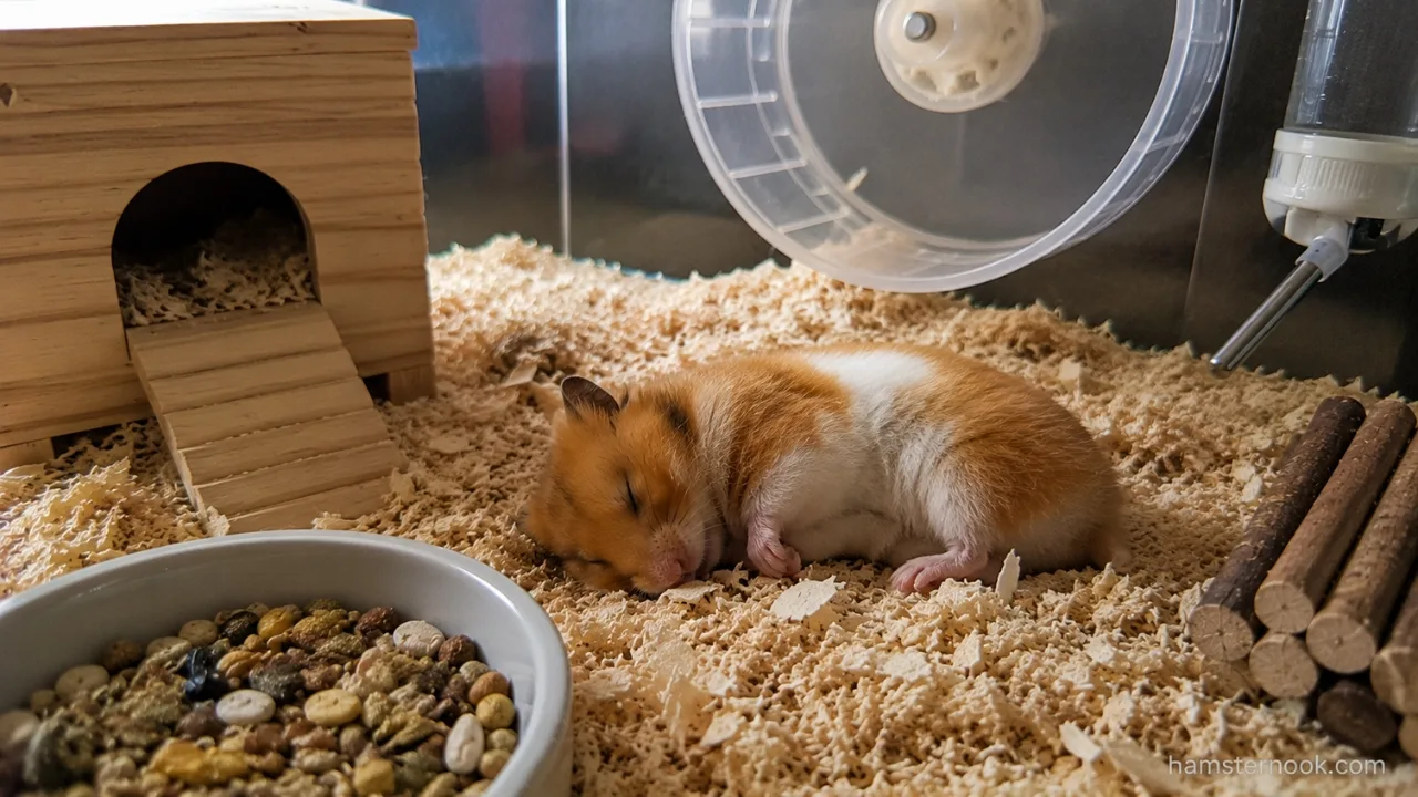 Syrian hamster sleeping peacefully in a natural curled position inside deep bedding