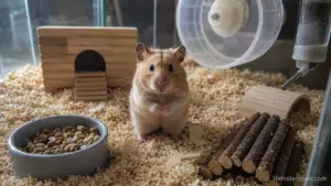 A curious Syrian hamster sitting near the front of its enclosure while looking toward its owner.