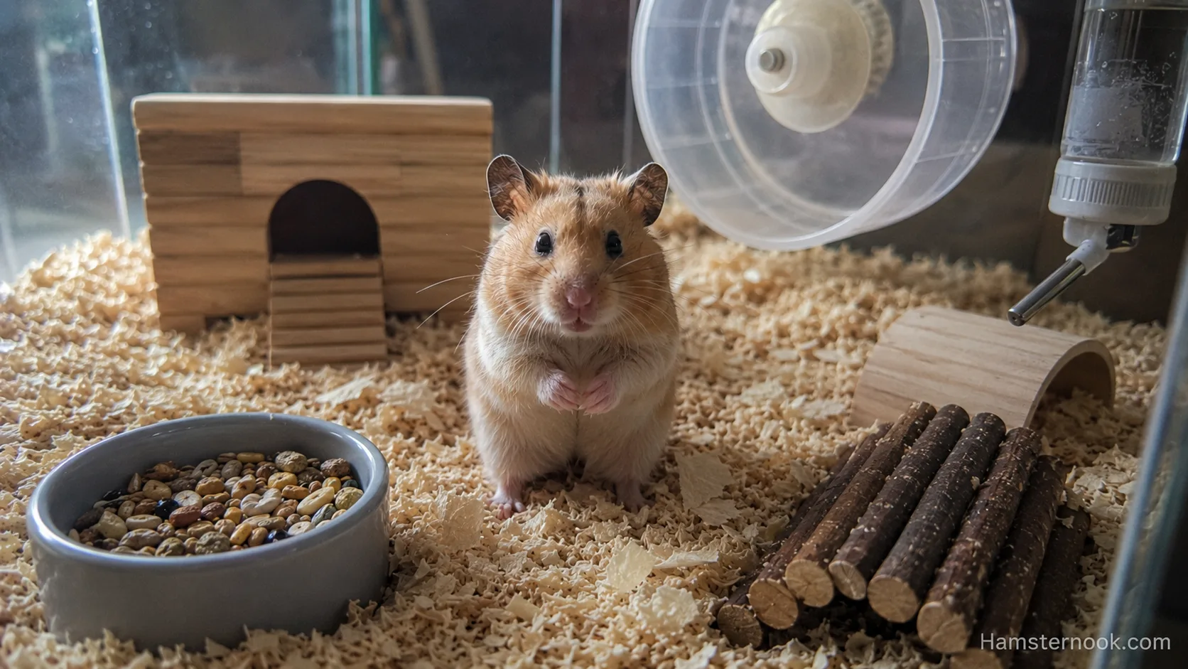 A curious Syrian hamster sitting near the front of its enclosure while looking toward its owner.