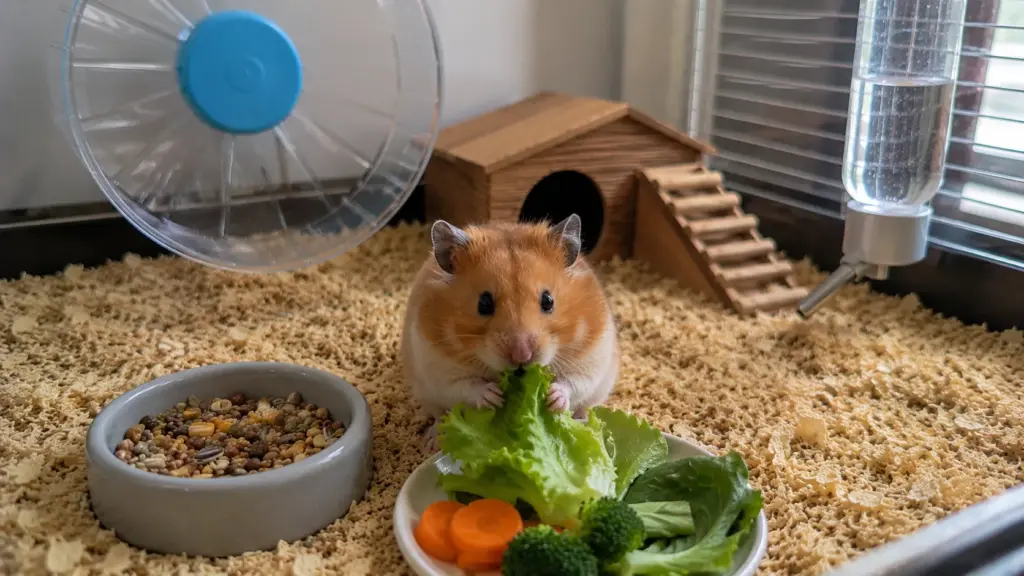 Healthy Syrian hamster running on an exercise wheel inside a spacious enclosure with deep bedding and enrichment