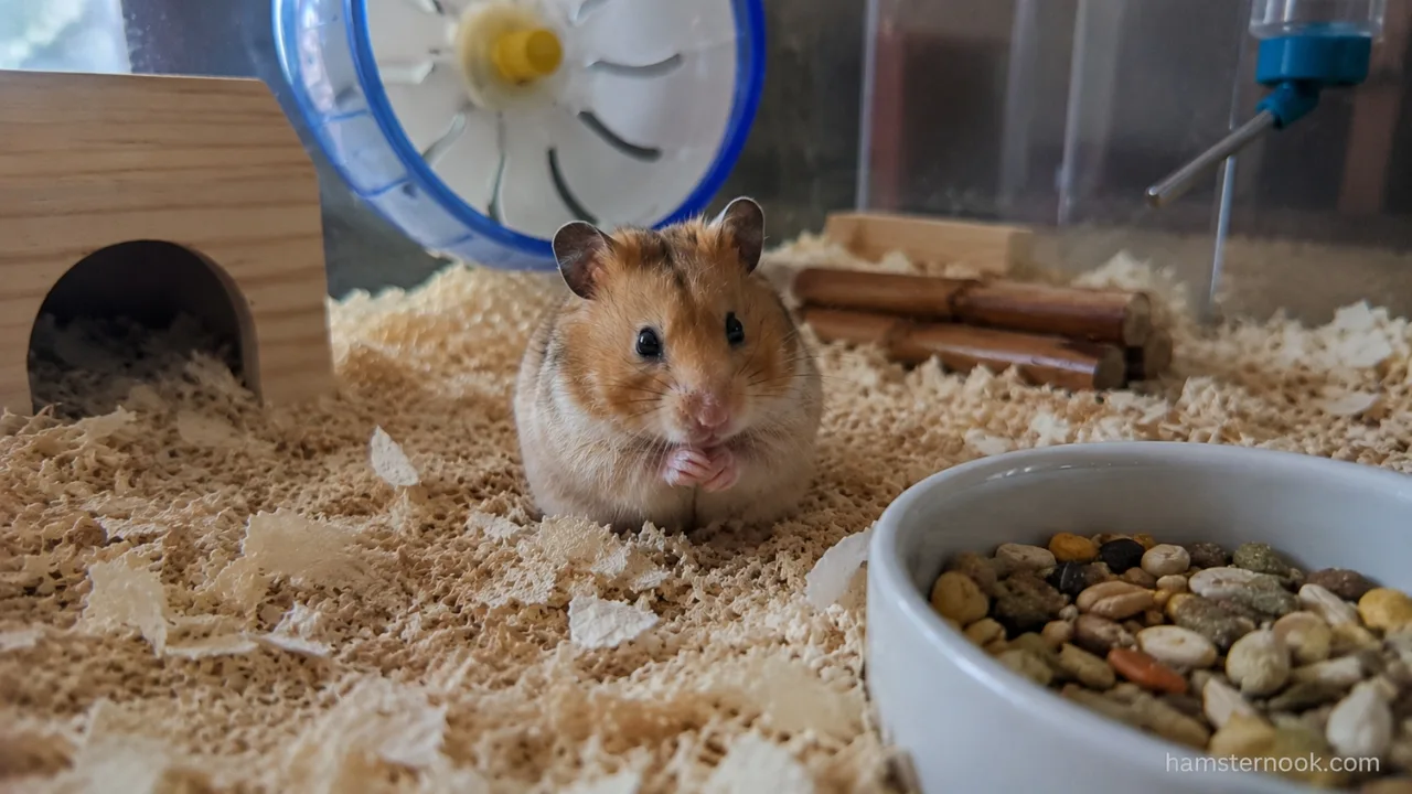 Healthy Syrian hamster sitting beside a wooden hideout inside a spacious enclosure