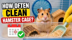 Hamster sitting inside a clean cage with fresh bedding