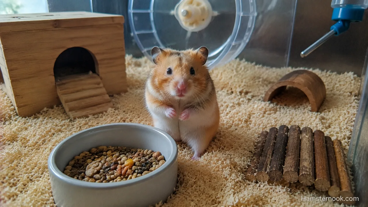 Healthy hamster exploring a natural enclosure with relaxed body language and enrichment items.
