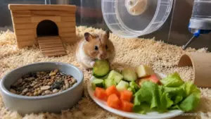 Syrian hamster eating fresh cucumber, carrot, broccoli, oats, and blueberries beside hamster pellets