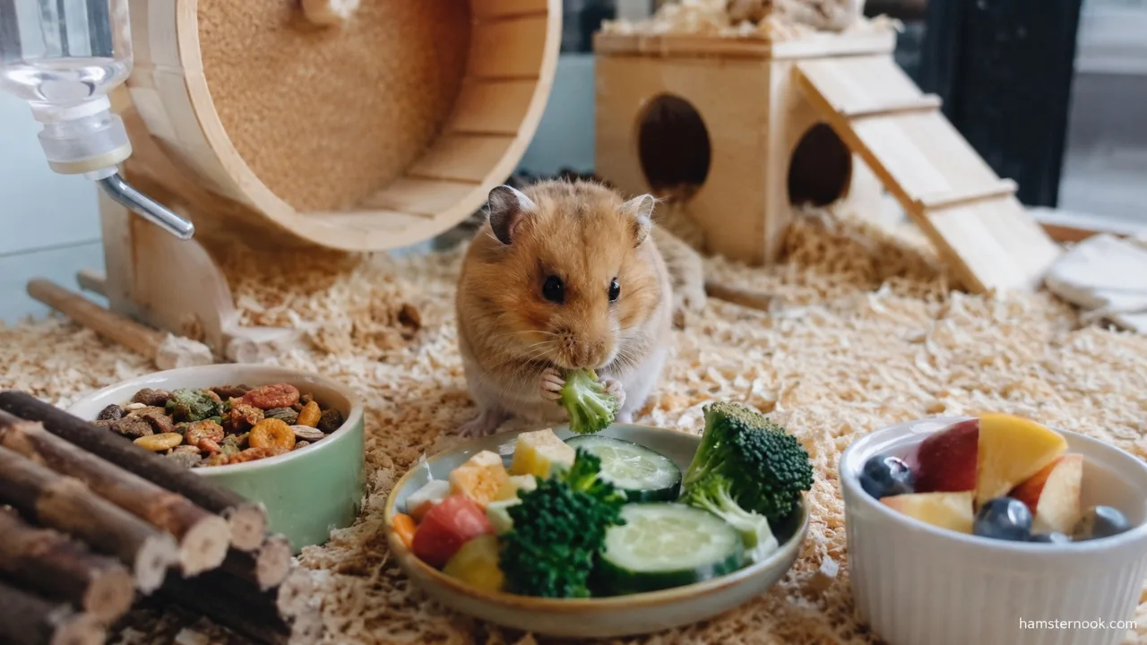 Healthy and unsafe foods arranged for a pet hamster on a clean feeding surface