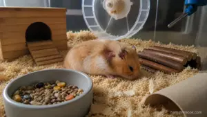 A Syrian hamster sitting quietly near a hideout while showing reduced activity inside a natural enclosure.
