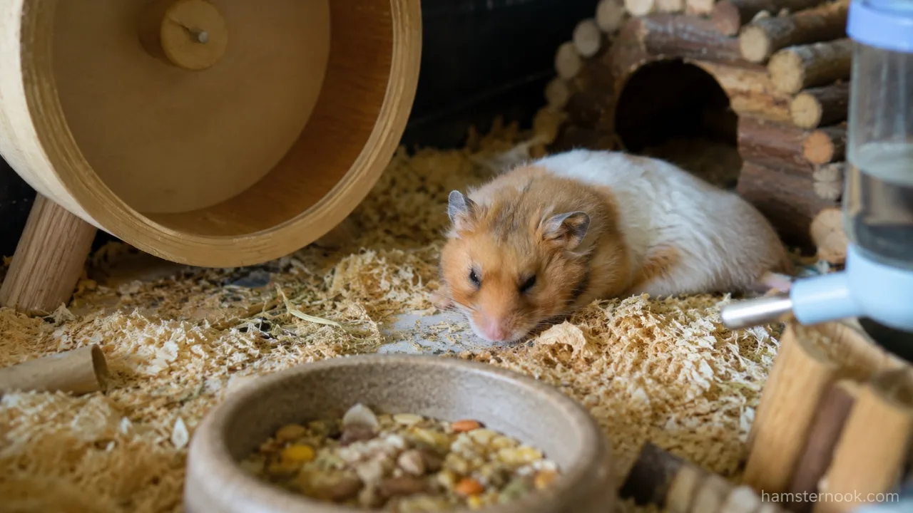 A weak pet hamster resting quietly inside a clean cage while showing signs of serious illness