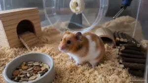 A healthy Syrian hamster inside a spacious enclosure with deep bedding, a large wheel, hideouts, and enrichment items.