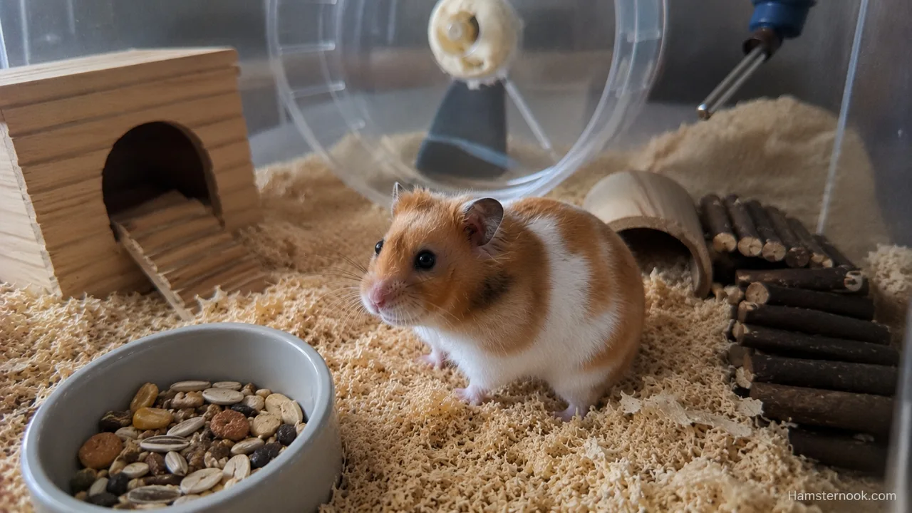 A healthy Syrian hamster inside a spacious enclosure with deep bedding, a large wheel, hideouts, and enrichment items.