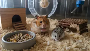 A Syrian hamster and a dwarf hamster shown side by side inside natural enclosures for comparison.