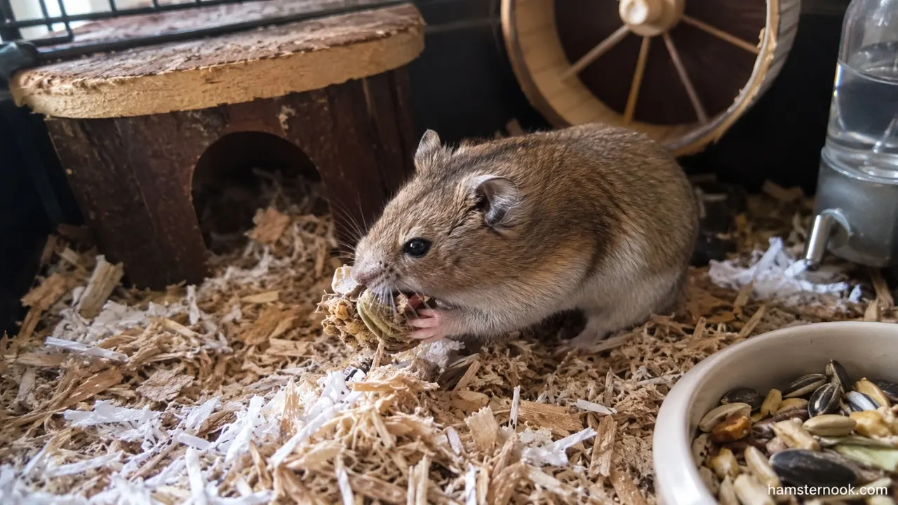 A pet hamster storing food inside its bedding as part of its natural food hoarding behavior