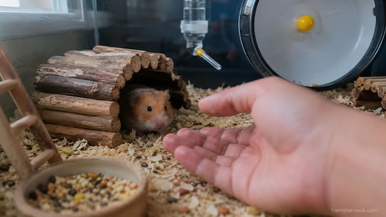 A cautious pet hamster watching its owner's hand from inside a safe cage after becoming nervous during handling