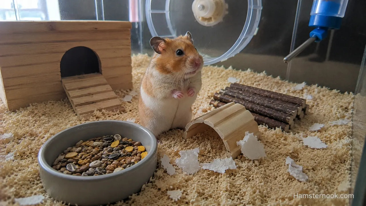 A Syrian hamster sitting alert near a hideout while displaying unusual behavior inside a natural enclosure.