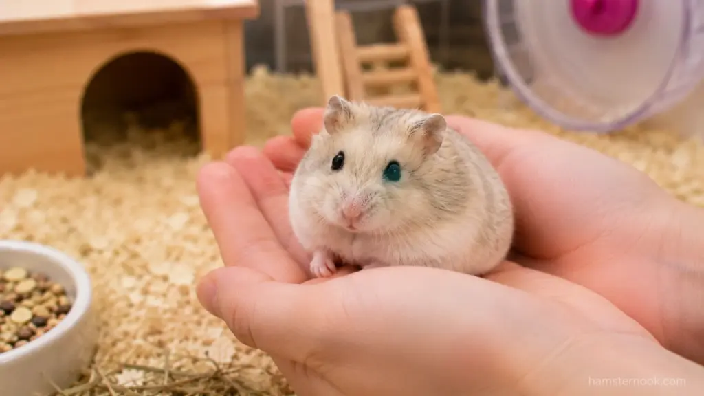 calm dwarf hamster sitting comfortably in owner's hands