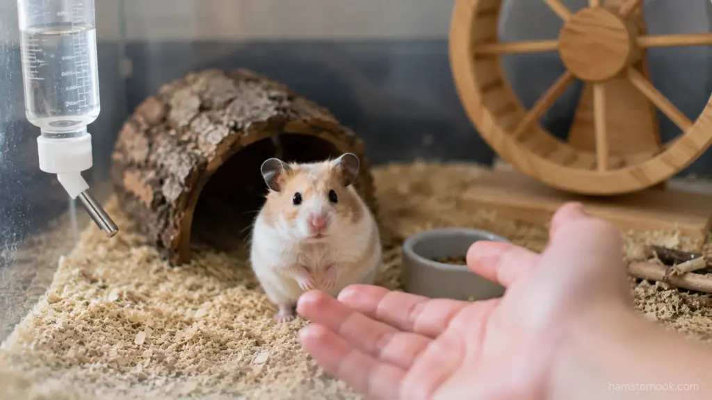 Hamster approaching a human hand during taming and trust building