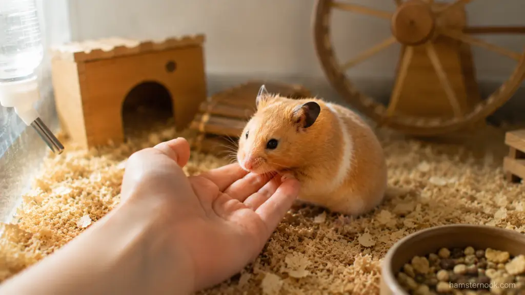 Syrian hamster voluntarily approaching owner's hand inside enclosure