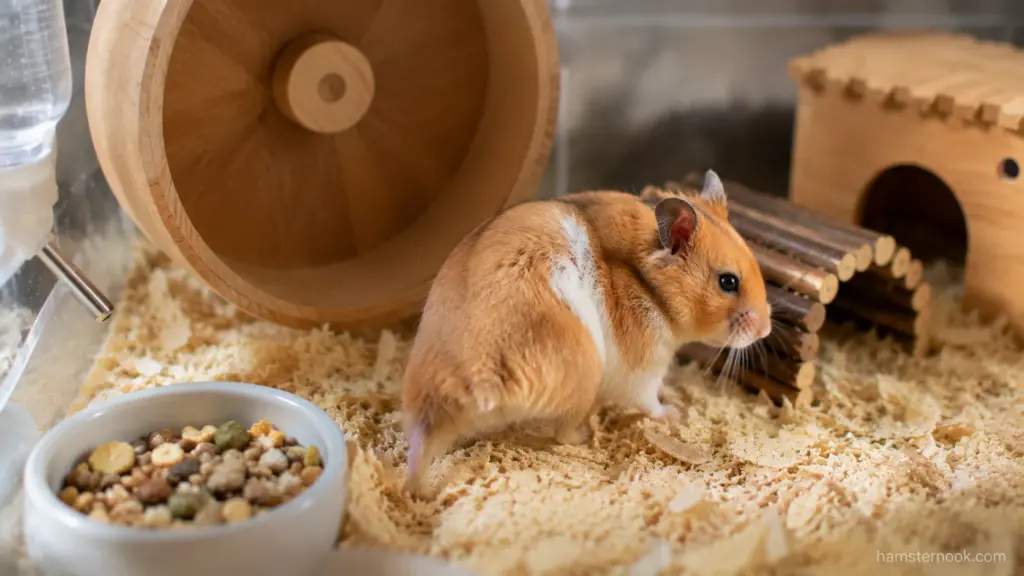 Hamster walking near a wheel inside its enclosure while balance issues are being discussed