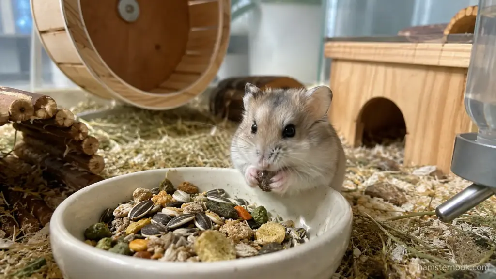 Dwarf hamster eating while sitting beside a balanced food bowl in a clean enclosure