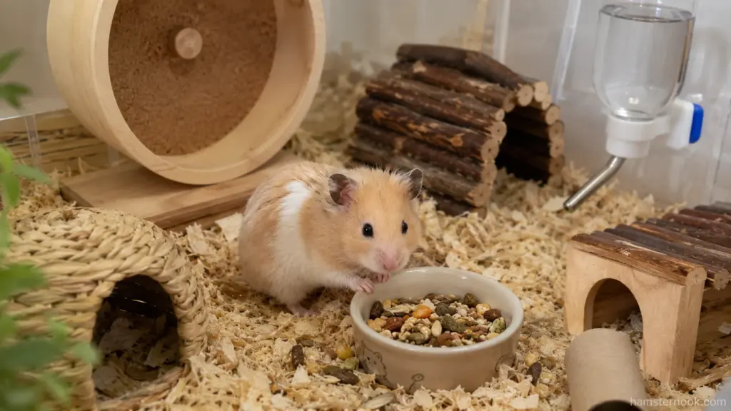 Pet hamster eating a balanced seed mix from a food bowl
