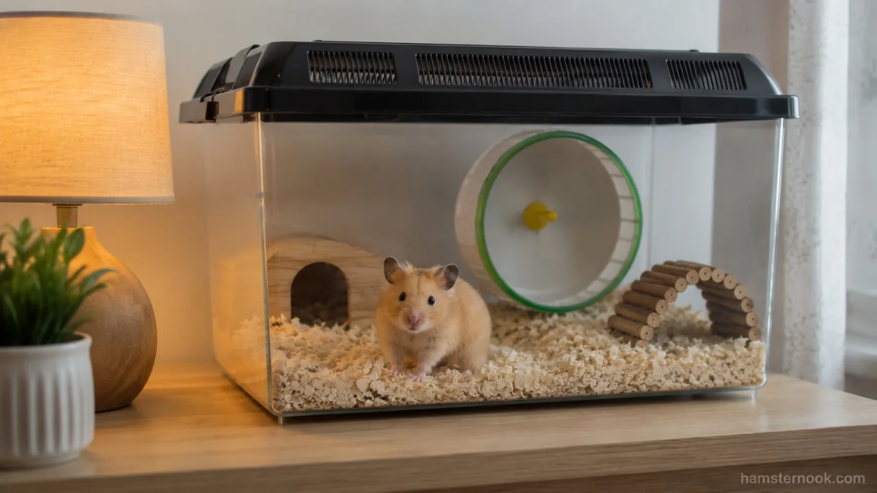 Hamster cage placed in a quiet room away from direct sunlight