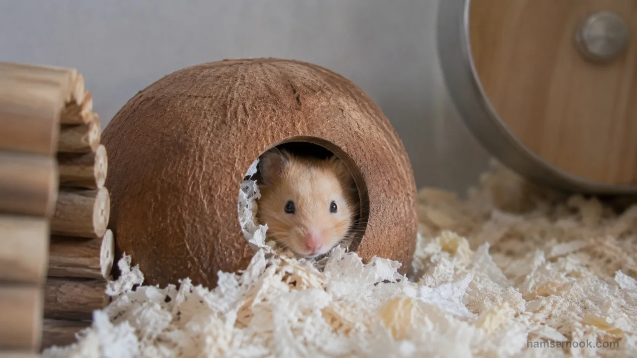 Hamster resting inside a cozy wooden hideout with nesting material