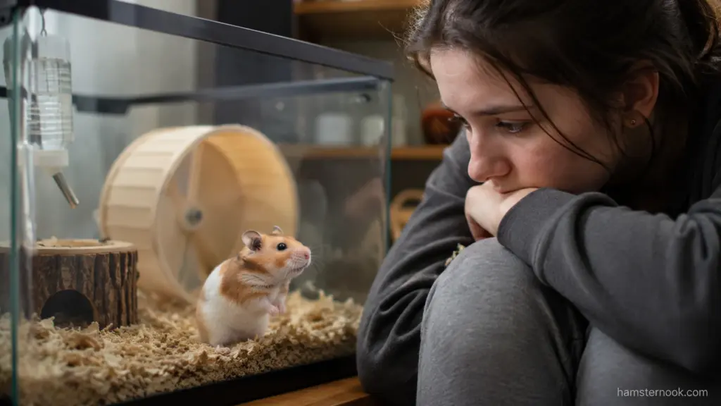 Hamster observing its owner through enclosure glass during bonding time